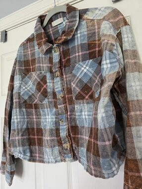 Altar'd State Womens Cropped Plaid Flannel Buttondown Shirt Size M Boho Grunge